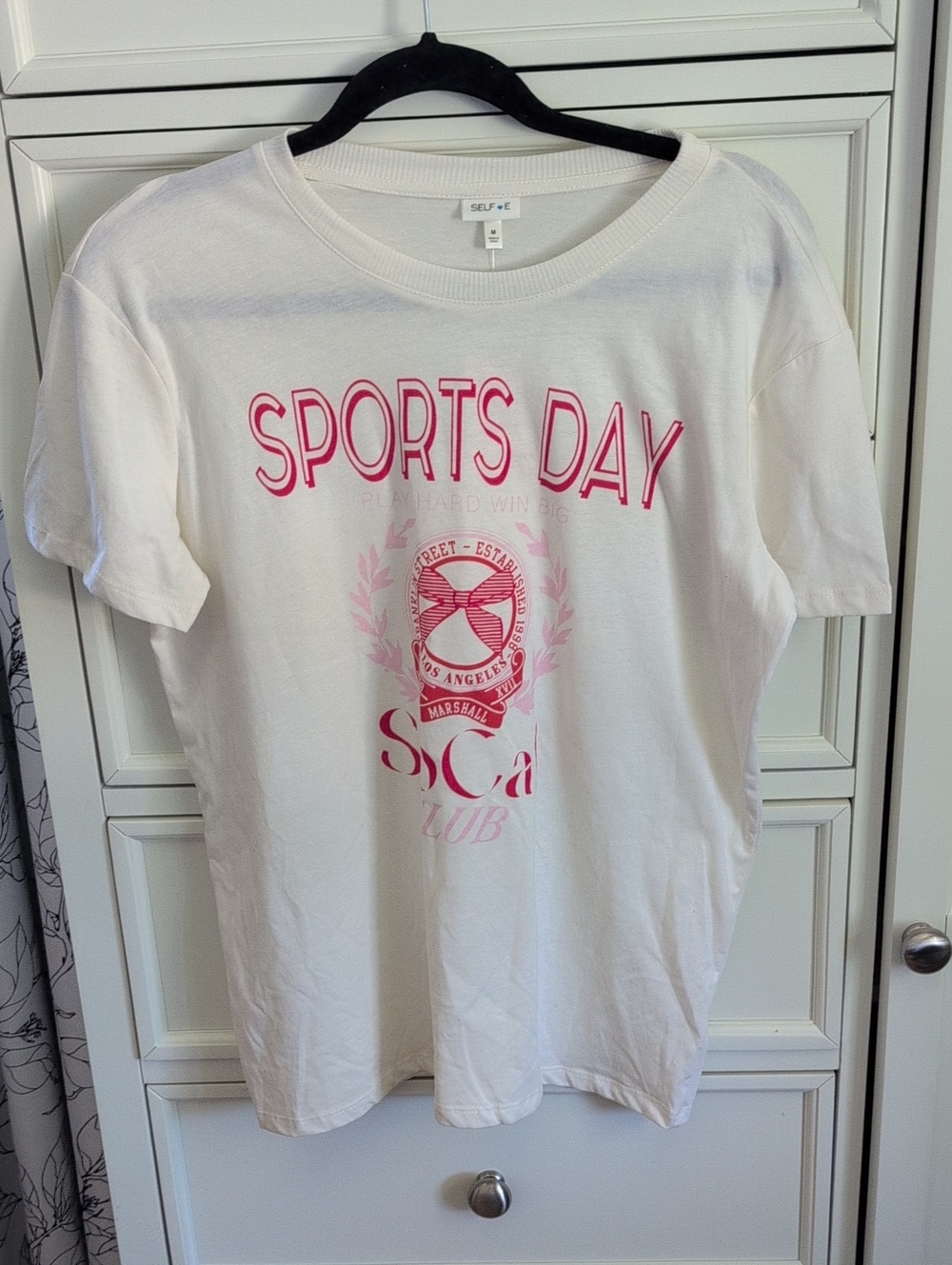 White "Sports Day" Graphic Tee with Pink Print